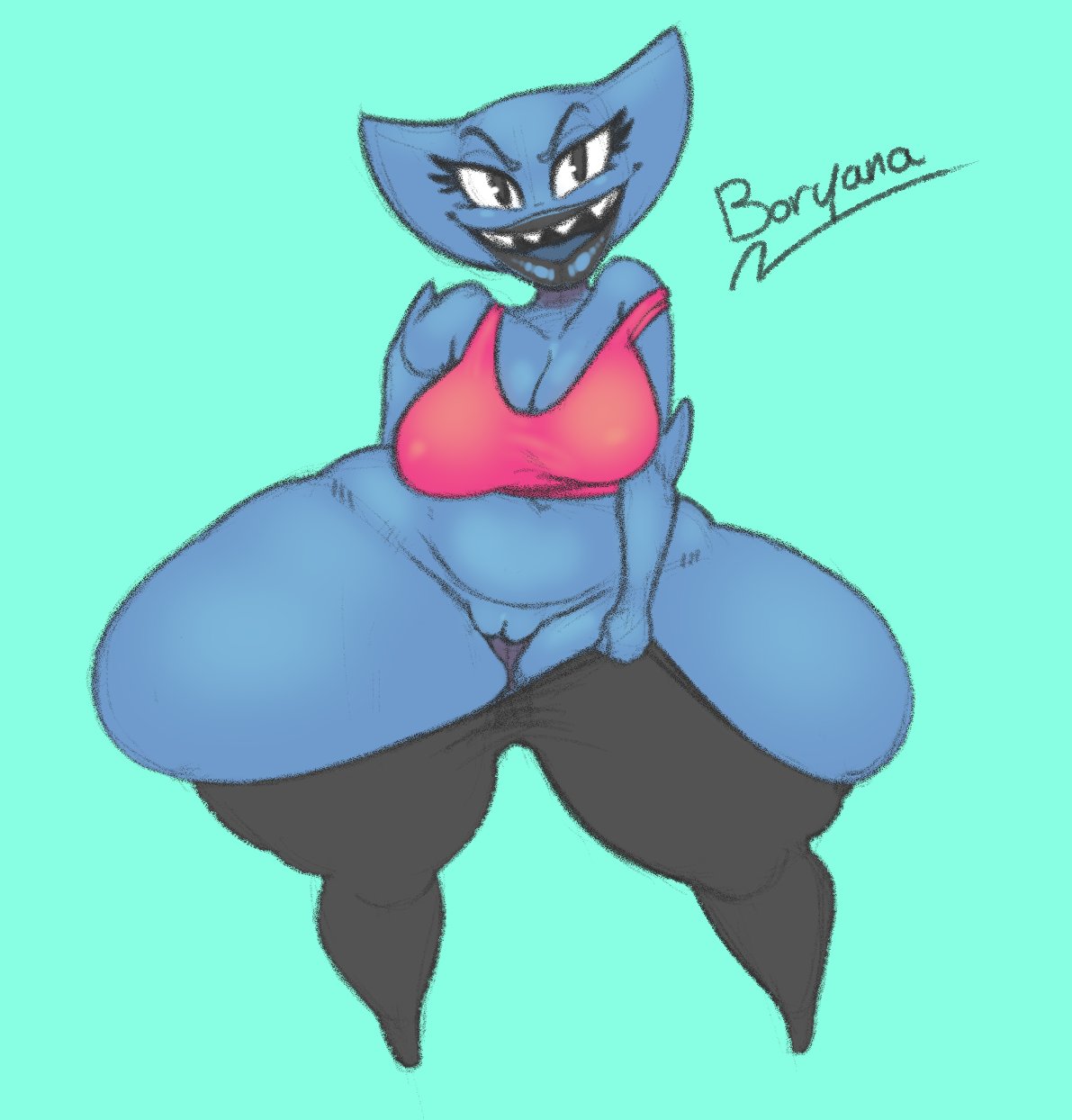 alien alien_humanoid amphibian big_breasts black_eyes black_lips blue_body boryana bottomwear bottomwear_down breasts cleavage clothed clothing diplocaulus english_text female genitals hi_res huge_thighs humanoid hyper hyper_hips hyper_thighs kendalljt lips looking_at_viewer nectrid not_furry pants pants_down partially_clothed pussy shirt solo tank_top text thick_lips thick_thighs topwear wide_hips