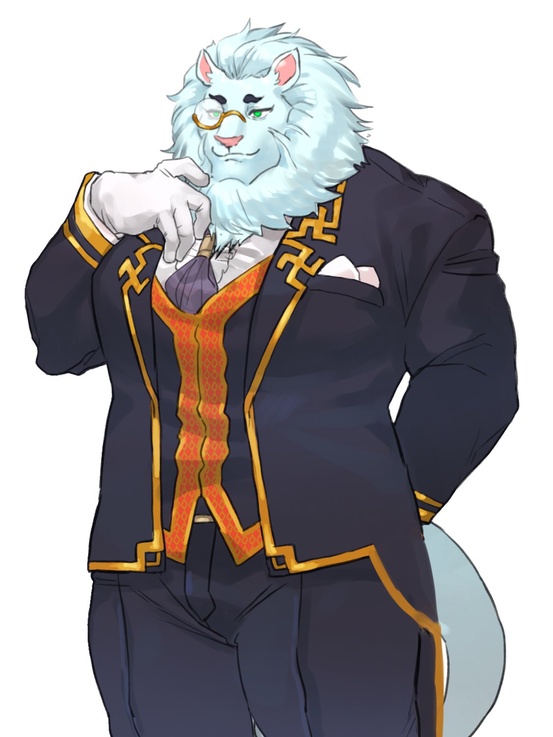 anthro butler clothing dress_coat dress_pants eyewear felid fur gloves handwear hi_res ituduki_aaa lifewonders lion male mammal mane manji monocle pantherine snow_(tas) solo tokyo_afterschool_summoners topwear vest video_games white_body white_clothing white_fur white_gloves white_handwear