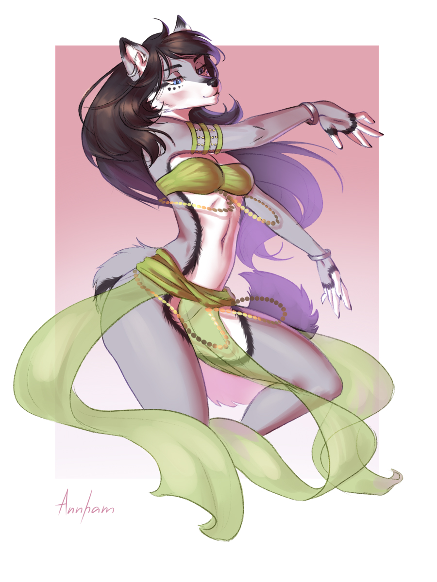 annham anthro black_hair black_nose bra breasts canid canine canis clothing dancing ear_piercing female front_view gold_(metal) hair harem_outfit hi_res invalid_tag jewelry mammal multicolored_body multicolored_tail piercing pinup pose solo solo_focus underwear wolf