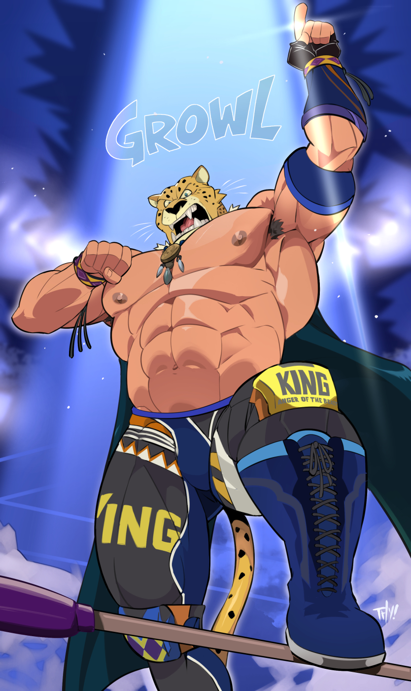 abs angry anthro armpit_hair armwear bandai_namco biceps body_hair boots bottomwear clothing felid fighting_ring footwear green_eyes hi_res human humanoid jaguar jewelry king_(tekken) male mammal muscular muscular_anthro muscular_male necklace nipples open_mouth pantherine pants pecs solo teeth tekken thymilph video_games wrestler wrestling