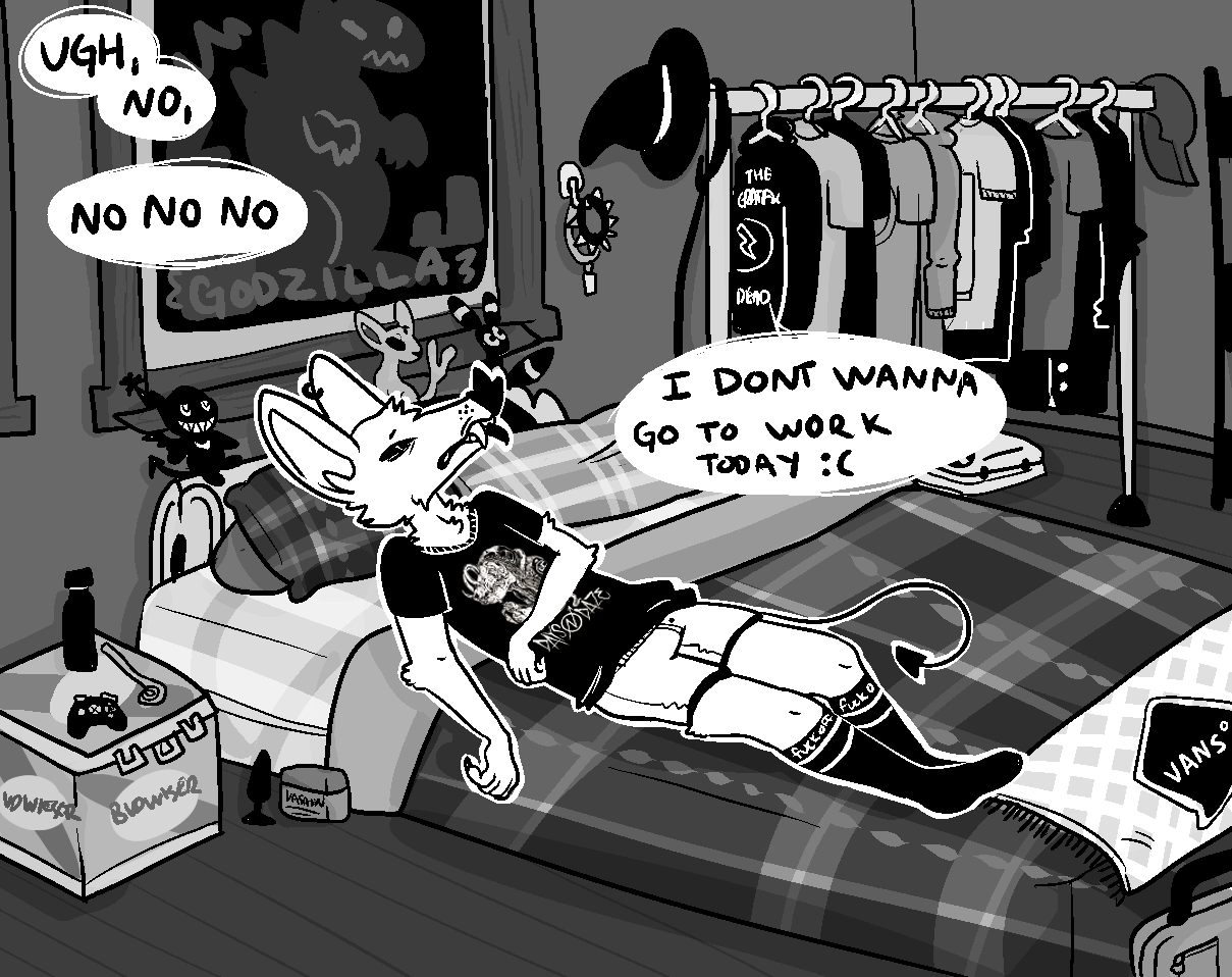 andromorph anthro bed bottomwear buttplug cheek_tuft chiropteran clothing dialogue ear_piercing ear_ring eeveelution english_text espeon facial_tuft fangs furniture generation_2_pokemon godzilla_(series) greyscale half-closed_eyes intersex lying lying_on_bed mammal monochrome narrowed_eyes nintendo on_back on_bed piercing plug_(sex_toy) plushie pokemon pokemon_(species) poster ring_piercing sex_toy shirt shorts sins_(sinsquest) sinsquest solo spade_tail speech_bubble t-shirt text toho tongue tongue_out topwear trans_(lore) trans_man_(lore) tuft umbreon video_games