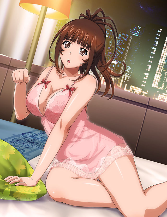 1girl bangs bare_arms bare_legs blunt_bangs breasts brown_eyes brown_hair city_lights cleavage collarbone dress high_ponytail ikkitousen indoors large_breasts long_hair nightgown open_mouth pillow pink_dress shiny shiny_hair shiny_skin short_dress sleepwear sleeveless sleeveless_dress solo yagyu_mitsuyoshi