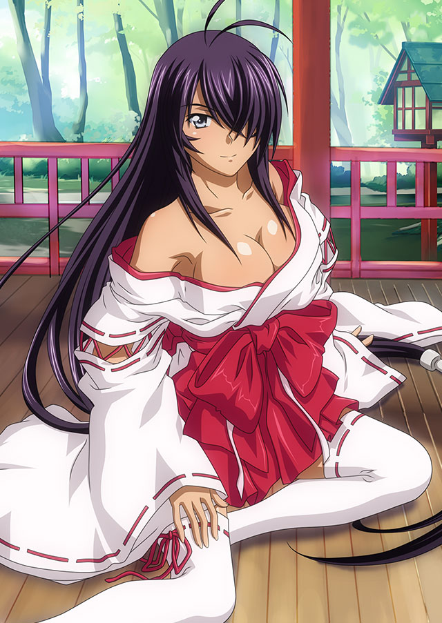 1girl antenna_hair black_hair breasts cleavage closed_mouth day grey_eyes hair_over_one_eye hakama hakama_skirt ikkitousen japanese_clothes kan'u_unchou kimono large_breasts long_hair long_sleeves looking_at_viewer low-tied_long_hair miko off_shoulder outdoors red_hakama ribbon-trimmed_sleeves ribbon-trimmed_thighhighs ribbon_trim shiny shiny_hair shiny_skin sitting skirt smile solo thighhighs very_long_hair white_kimono white_thighhighs wide_sleeves wooden_floor