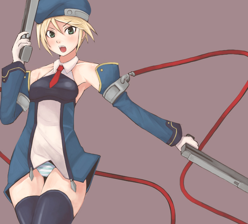 arc_system_works beret black_legwear black_thighhighs blazblue blonde_hair breasts detached_sleeves female gloves green_eyes gun hat necktie noel_vermillion okacyu open_mouth panties pantyshot red_ribbon ribbon short_hair solo striped striped_panties thighhighs underwear uniform weapon