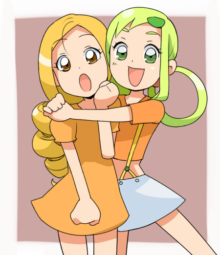 2girls asuka_momoko child hug multiple_girls ojamajo_doremi smile tamagoro tamagoroo_(funifuni_labo) tamaki_reika