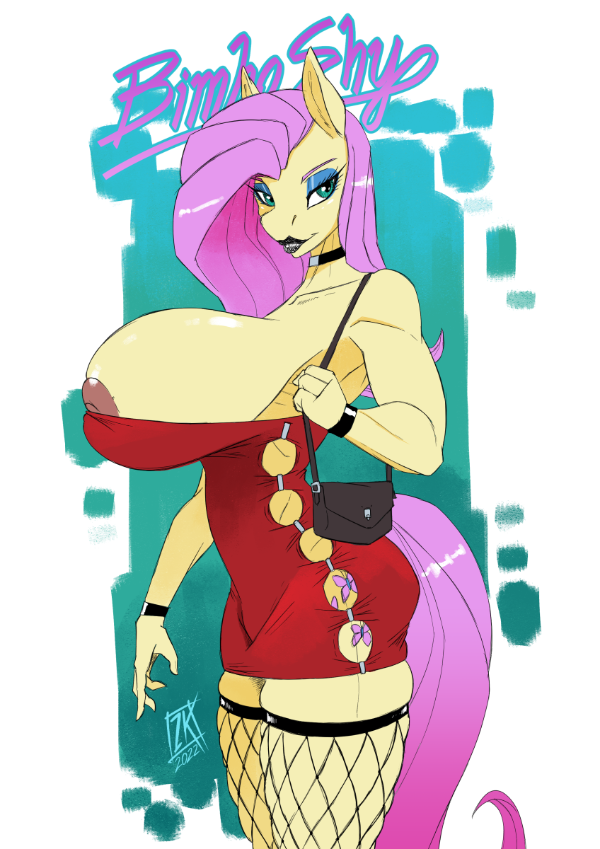 anthro anthrofied big_breasts breasts clothing dress equid equine female fluttershy_(mlp) friendship_is_magic hair hasbro hi_res huge_breasts mammal my_little_pony nipple_slip pink_hair solo tight_clothing zwitterkitsune