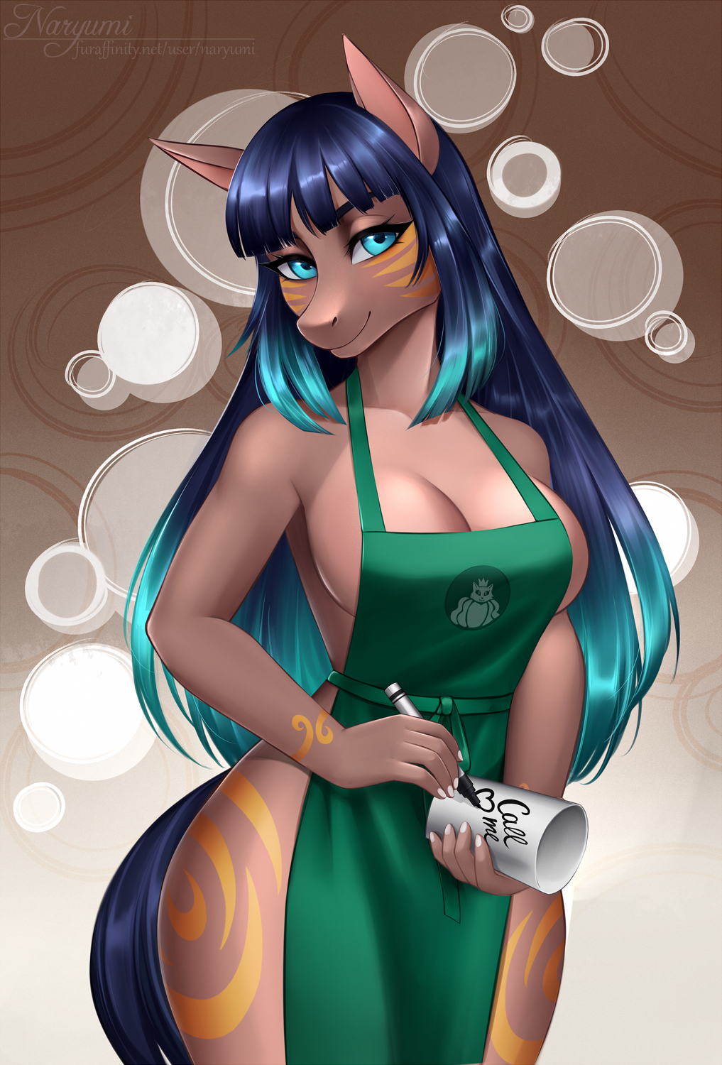 anthro barista container cup equid equine female hi_res horse mammal meme naryumi_(artist) ombre_hair solo starbucks