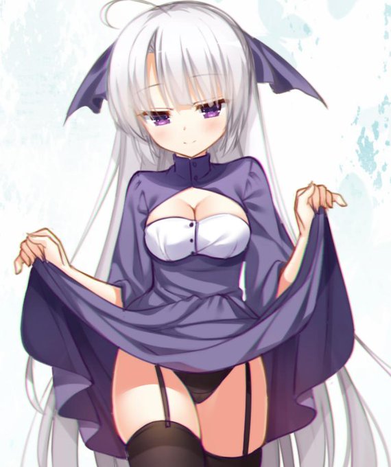 1girl ahoge arms_at_sides ayachi_nene bangs black_panties black_thighhighs blunt_bangs blush breasts cariboy cleavage cleavage_cutout clothes_lift clothing_cutout collar dress eyebrows_hidden_by_hair from_side hair_ribbon high_collar huge_ahoge large_breasts legs_together long_hair long_skirt long_sleeves looking_at_viewer panties pantyshot purple_collar purple_dress purple_eyes purple_ribbon ribbon sanoba_witch shirt skirt skirt_lift smile solo squinting standing straight_hair thighhighs thighs underwear very_long_hair white_background white_hair white_shirt yuzu-soft