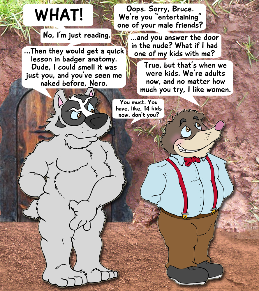 2019 4_fingers answering_door anthro badger black_nose blush brown_body brown_eyes brown_fur bruce_(brucebadger) brucebadger casual_nudity chubby_anthro chubby_male clothed clothed/nude clothed_male_nude_male clothing covering covering_crotch dialogue duo english_text eulipotyphlan fingers flustered fur grey_body grey_fur looking_away male mammal mature_anthro mature_male mole_(animal) mustelid musteline nero_(brucebadger) nude outside overalls photo_background pink_nose slightly_chubby speech_bubble standing stated_heterosexuality stated_sexuality text