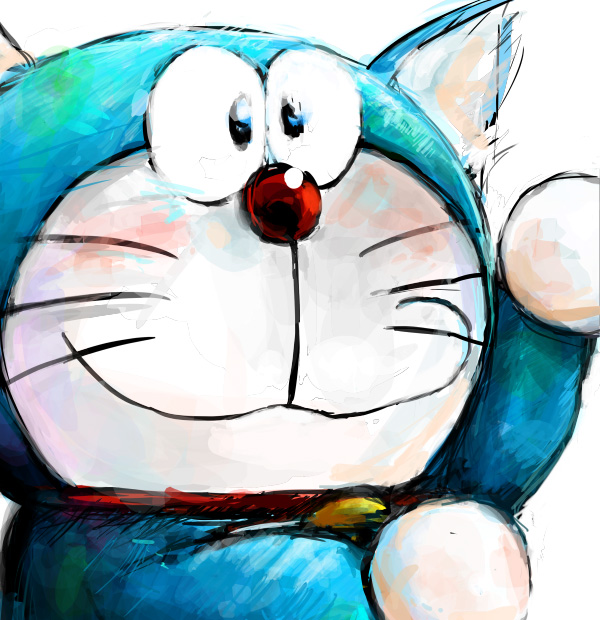 2016 anthro bell blue_body blue_fur collar domestic_cat doraemon doraemon_(character) ears_up felid feline felis front_view fur machine male mammal mouth_closed mt_tg raised_arm red_collar red_nose robot shaded simple_background solo standing whiskers white_background white_body white_fur