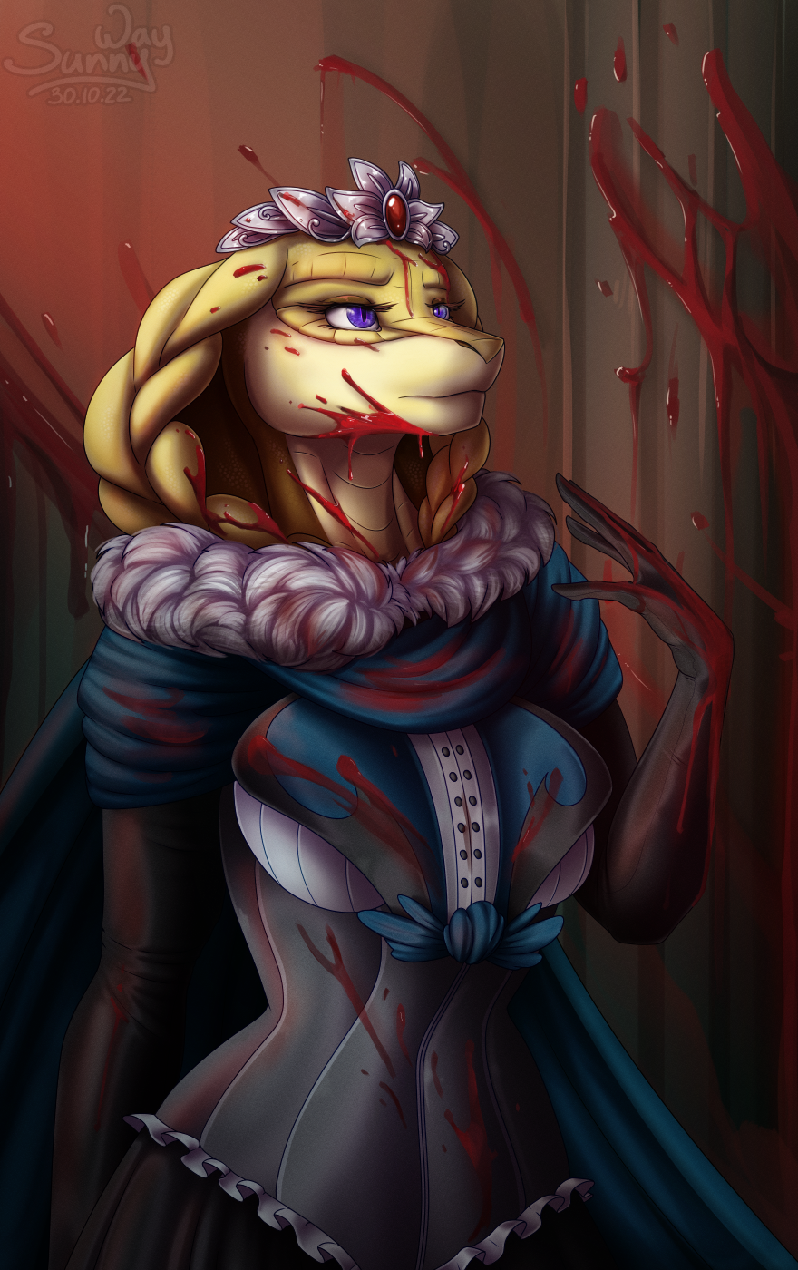 anthro atmospheric blood bodily_fluids clothed clothing cobra digital_drawing_(artwork) digital_media_(artwork) dress fashion female half-length_portrait hi_res horror_(theme) magic noble portrait reptile scalie snake snake_hood solo sunny_way violence