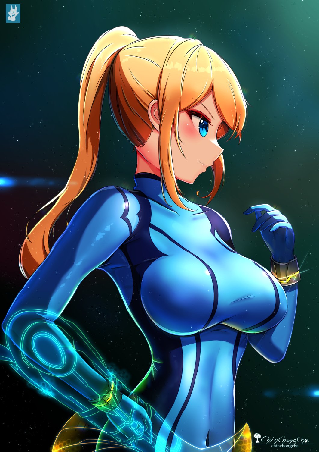 1girl artist_name bangs blonde_hair blue_bodysuit blue_eyes blush bodysuit bracelet breasts chinchongcha closed_mouth commentary covered_collarbone covered_navel covered_nipples eyelashes glint gradient gradient_background hair_between_eyes hand_up high_ponytail highres jewelry large_breasts light_purple_hair long_hair metroid ponytail profile samus_aran sidelocks signature smile solo upper_body v-shaped_eyebrows watermark zero_suit