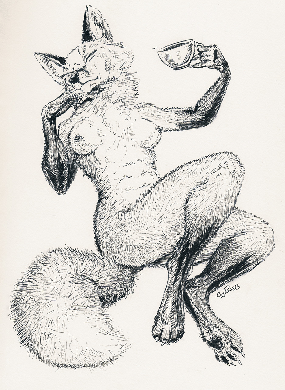 2022 anthro beverage black_nose breasts canid canine canis container coypowers cup eyebrows eyelashes eyes_closed female fingers fox fur hi_res holding_cup holding_object holding_tea_cup mammal monochrome nipples nude pinup pose presenting presenting_breasts red_fox signature simple_background small_breasts smile solo tea tea_cup text traditional_media_(artwork) white_background