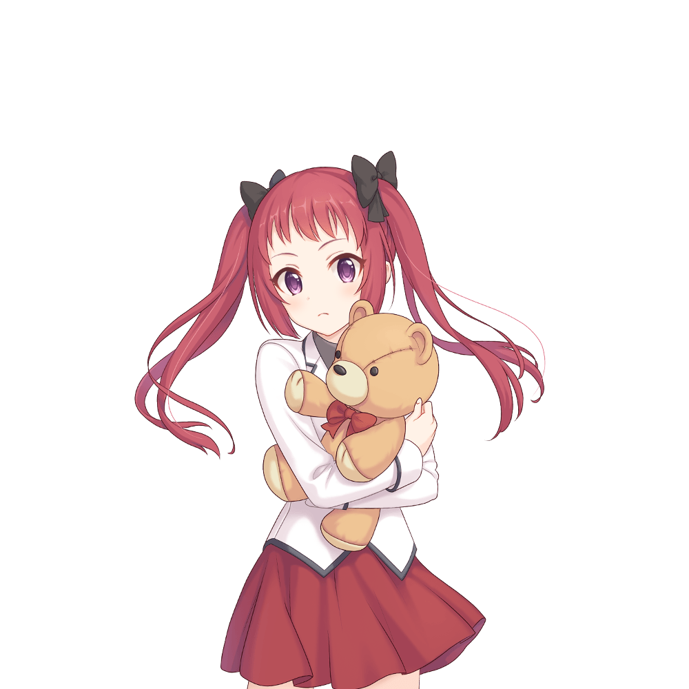 1girl ayane_(princess_connect!) bow hair_bow jacket long_hair official_art princess_connect! purple_eyes red_hair red_skirt skirt stuffed_animal stuffed_toy teddy_bear transparent_background twintails white_jacket