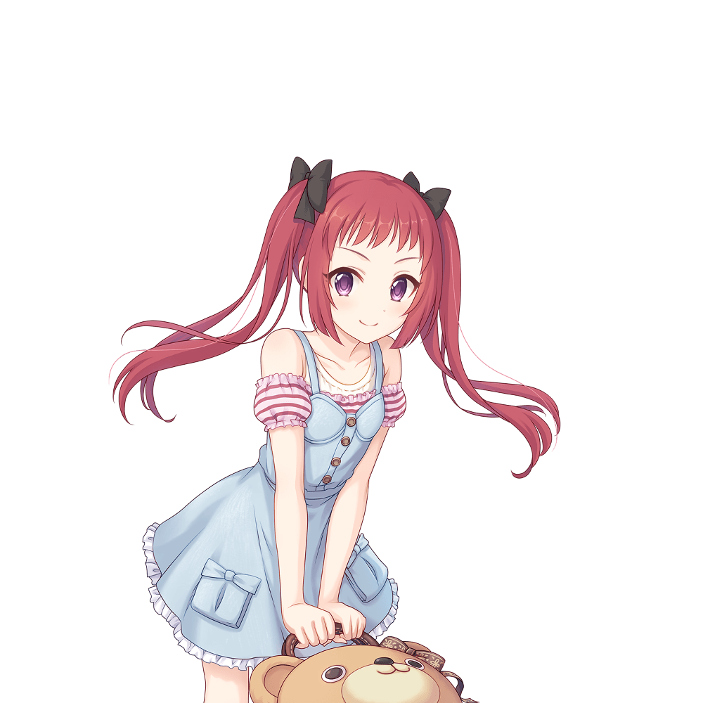 1girl ayane_(princess_connect!) bow dress hair_bow official_art princess_connect! purple_eyes red_hair stuffed_animal stuffed_toy teddy_bear transparent_background twintails