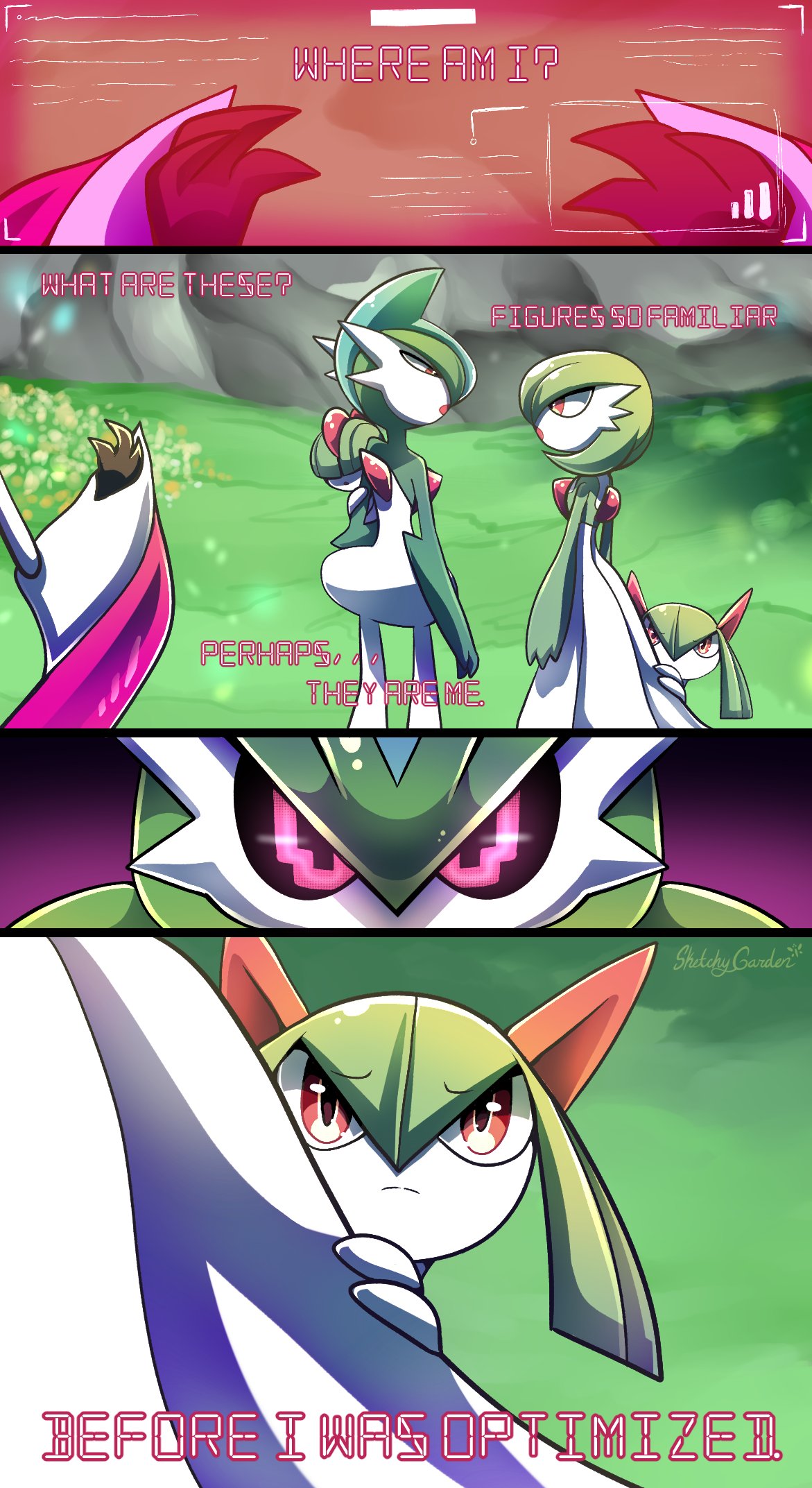 ambiguous_gender anthro dialogue female gallade gardevoir generation_3_pokemon generation_4_pokemon grass group hi_res holding_(disambiguation) hud humanoid iron_valiant kirlia machine male nintendo paradox_pokemon plant pokemon pokemon_(species) ralts robot rock scared shy sketchygarden text video_games worried