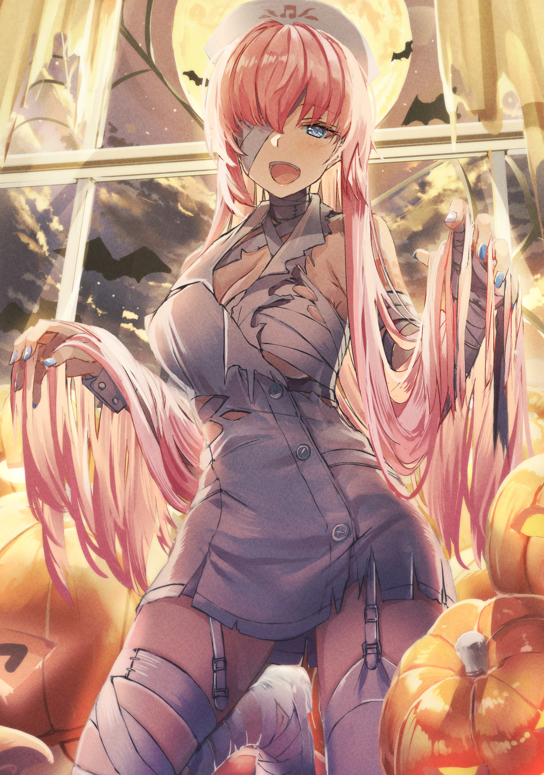 1girl :d backlighting bandage_over_one_eye bandaged_arm bandaged_chest bandaged_leg bandaged_neck bandages bangs bat_(animal) blue_eyes blush breasts buttons cleavage cloud cloudy_sky daidou_(demitasse) dress full_moon garter_straps halloween halloween_costume hat highres jack-o'-lantern kneeling large_breasts long_hair megurine_luka moon nail_polish narrowed_eyes night night_sky nurse_cap open_mouth pink_hair short_dress single_thighhigh sky sleeveless smile solo star_(sky) starry_sky thighhighs torn_clothes torn_curtains torn_dress very_long_hair vocaloid window wrist_cuffs