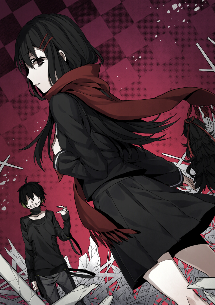 1boy 2girls alternate_eye_color alternate_hair_color arm_at_side azami_(kagerou_project) bangs black_eyes black_hair black_serafuku black_shirt black_skirt black_sweater checkered_background clenched_teeth dutch_angle enpera faceless faceless_male facing_viewer from_behind grey_pants hair_between_eyes hair_ornament hair_ribbon hairclip hand_on_own_chest kagerou_project kokonose_haruka long_hair long_sleeves looking_to_the_side mekakucity_actors multiple_girls multiple_views no_eyes open_mouth pants parted_lips pleated_skirt red_ribbon red_scarf ribbon scarf school_uniform serafuku shirt short_hair skirt smile solo_focus sweater t-shirt tateyama_ayano teeth turning_head wavy_hair wonoco0916