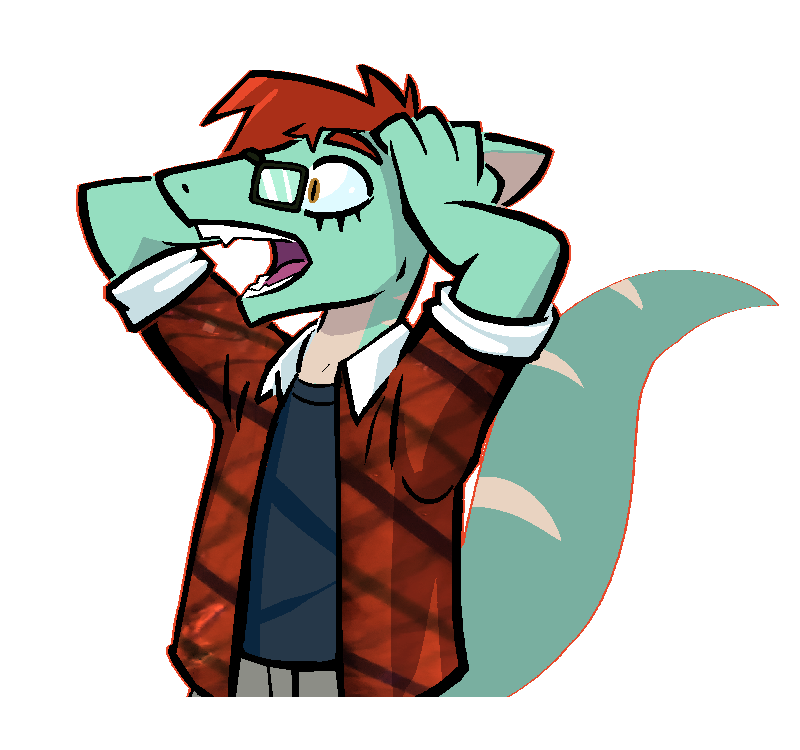 alex_eggleston ambiguous_gender anthro aygee brown_eyes clothing eyewear glasses green_body green_skin hair lizard open_mouth orange_hair panicking reptile scalie shirt solo t-shirt teeth tongue topwear yiik:_a_postmodern_rpg