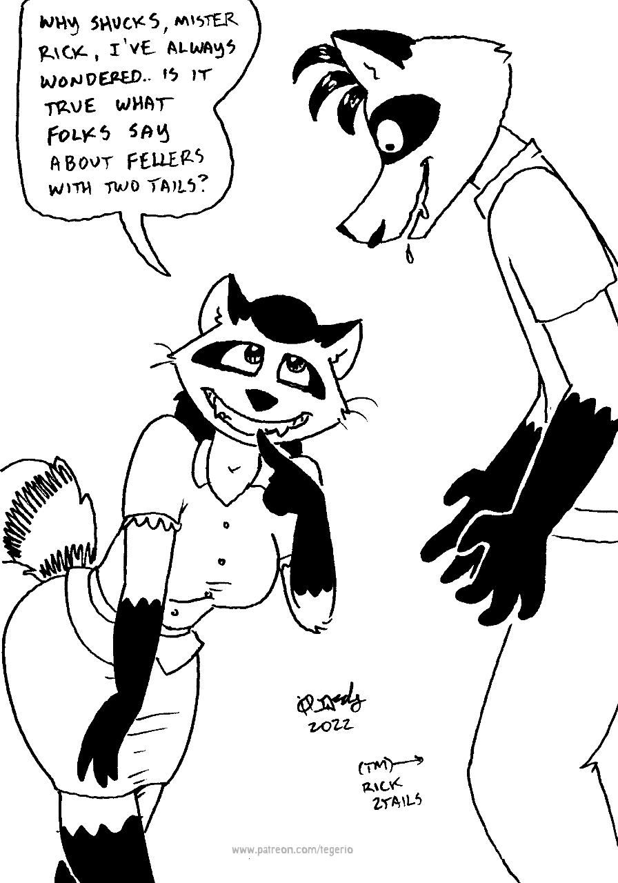 2022 anthro belladonna_(tegerio) bodily_fluids bottomwear breasts canid canine clothed clothing dialogue drooling duo english_text female fox gloves_(marking) hi_res leg_markings male male/female mammal markings procyonid raccoon rick2tails saliva skirt socks_(marking) tegerio text