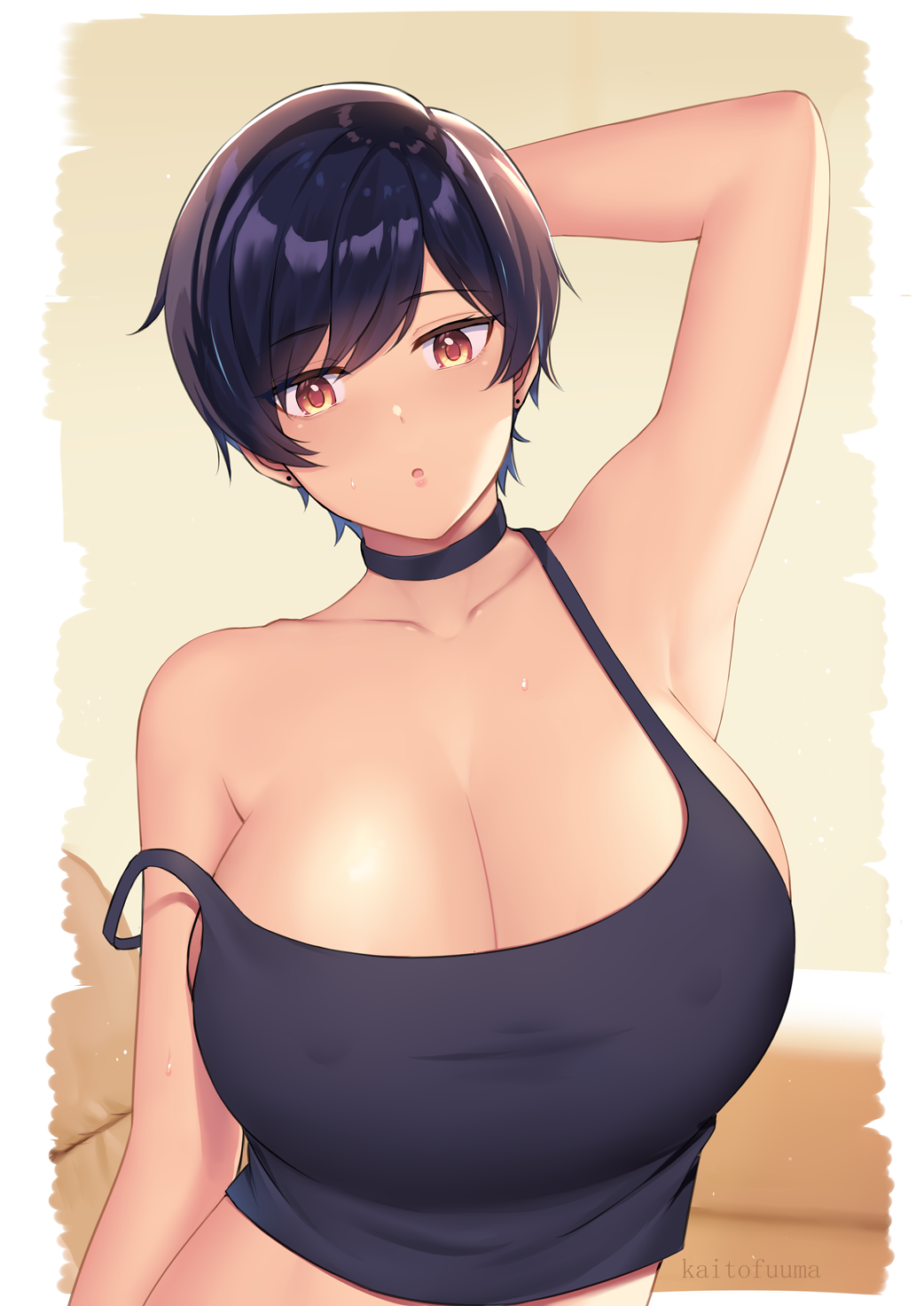 1girl :o arm_behind_head artist_name black_choker black_hair black_shirt borrowed_character breasts brown_eyes choker cleavage covered_nipples crop_top earrings english_commentary highres huge_breasts jewelry kaitofuuma looking_at_viewer looking_down off_shoulder olive_laurentia open_mouth original shirt short_hair solo strap_slip tank_top upper_body