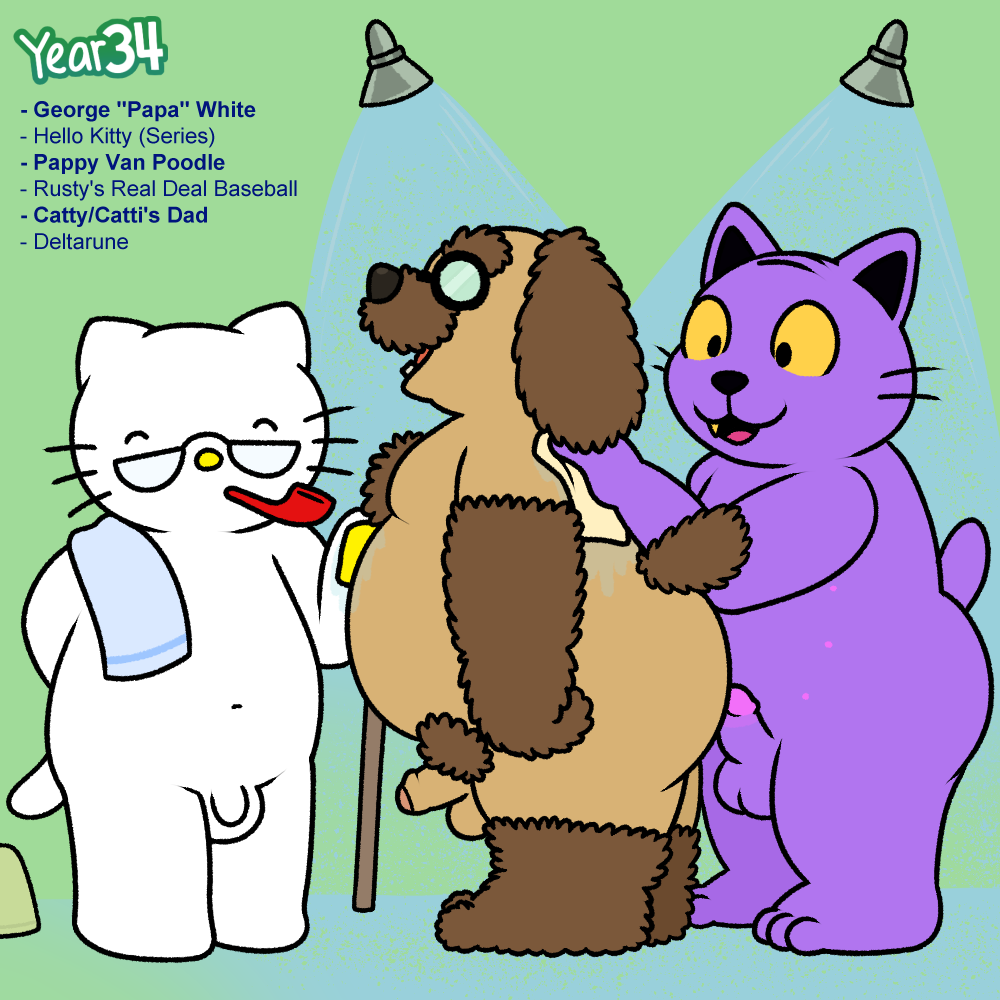 anthro balls brown_body brown_fur butt canid canine canis crossover dad_cat_(deltarune) deltarune domestic_cat domestic_dog erection eyewear father felid feline felis flaccid fur genitals george_white glasses hello_kitty_(series) male male/male mammal multi_nipple nipples nishi_oxnard pappy_van_poodle_(rrdb) parent penis purple_body purple_fur rusty's_real_deal_baseball sanrio showering smoking_pipe tower undertale_(series) video_games yellow_sclera