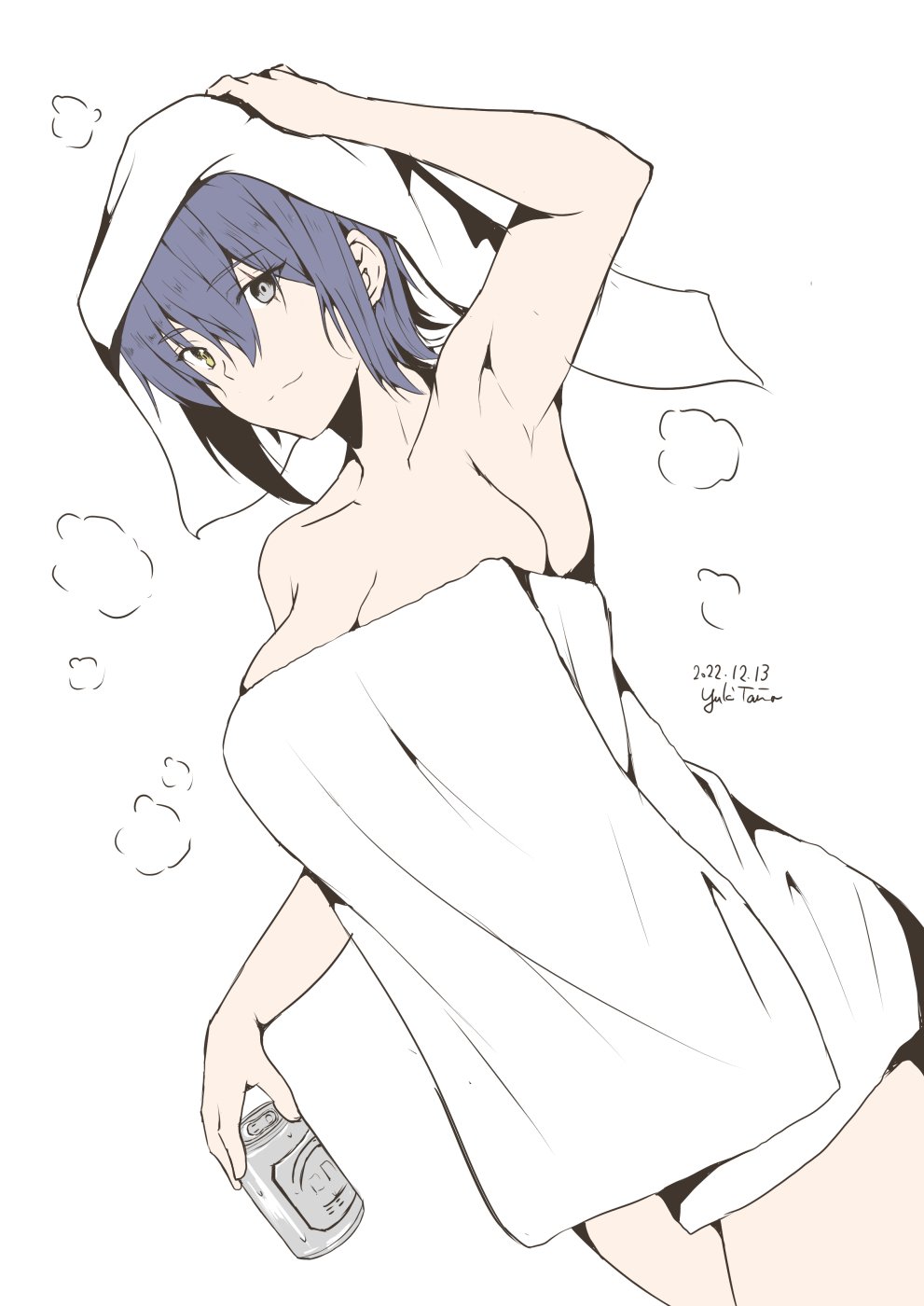 1girl asahi_breweries beer_can breasts can commentary_request commission grey_eyes heterochromia highres kantai_collection large_breasts naked_towel purple_hair short_hair simple_background solo standing taira_yuuki tenryuu_(kancolle) towel towel_on_head white_background yellow_eyes
