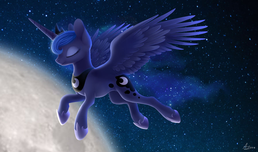 2018 blue_body blue_feathers blue_hair clothing crown cutie_mark digital_media_(artwork) equid equine eyelashes eyes_closed feathered_wings feathers female feral flying footwear friendship_is_magic hair hasbro horn luminousdazzle mammal moon my_little_pony princess_luna_(mlp) shoes signature smile solo spread_wings star winged_unicorn wings