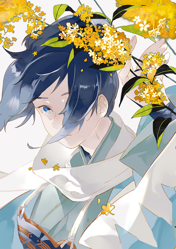 1boy blue_eyes blue_hair closed_mouth flower flower_request hair_over_one_eye kuri_(cutsnake0805) long_sleeves looking_at_viewer male_focus simple_background touken_ranbu traditional_clothes white_background wide_sleeves yamato-no-kami_yasusada