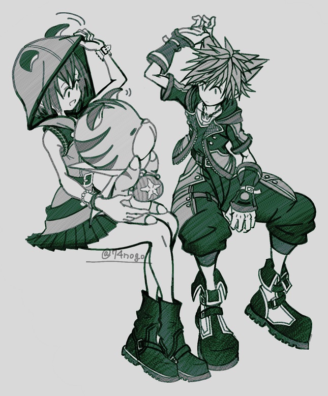 1boy 1girl 74nogo animal_hood bead_bracelet beads boots bracelet chain_necklace chirithy creature crossed_ankles dress full_body greyscale hair_between_eyes hand_in_own_hair hood hood_up hooded_dress jewelry kairi_(kingdom_hearts) kingdom_hearts kingdom_hearts_iii monochrome necklace open_mouth pleated_dress short_dress short_hair short_sleeves sitting sleeveless sleeveless_dress smile sora_(kingdom_hearts) spiked_hair