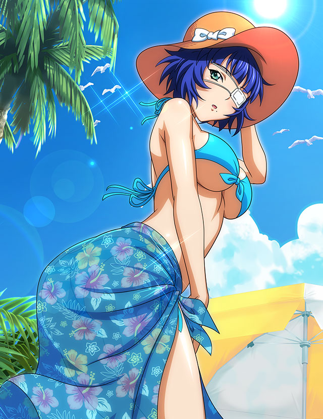 1girl bare_arms bikini bird blue_bikini blue_hair blue_sky bow breasts brown_headwear day eyepatch from_below front-tie_bikini_top front-tie_top green_eyes hat hat_bow hibiscus_print ikkitousen large_breasts lens_flare looking_at_viewer looking_back mole mole_under_mouth open_mouth outdoors parasol ryomou_shimei sarong shiny shiny_hair short_hair sideboob sky solo summer sun_hat swimsuit umbrella underboob white_bow
