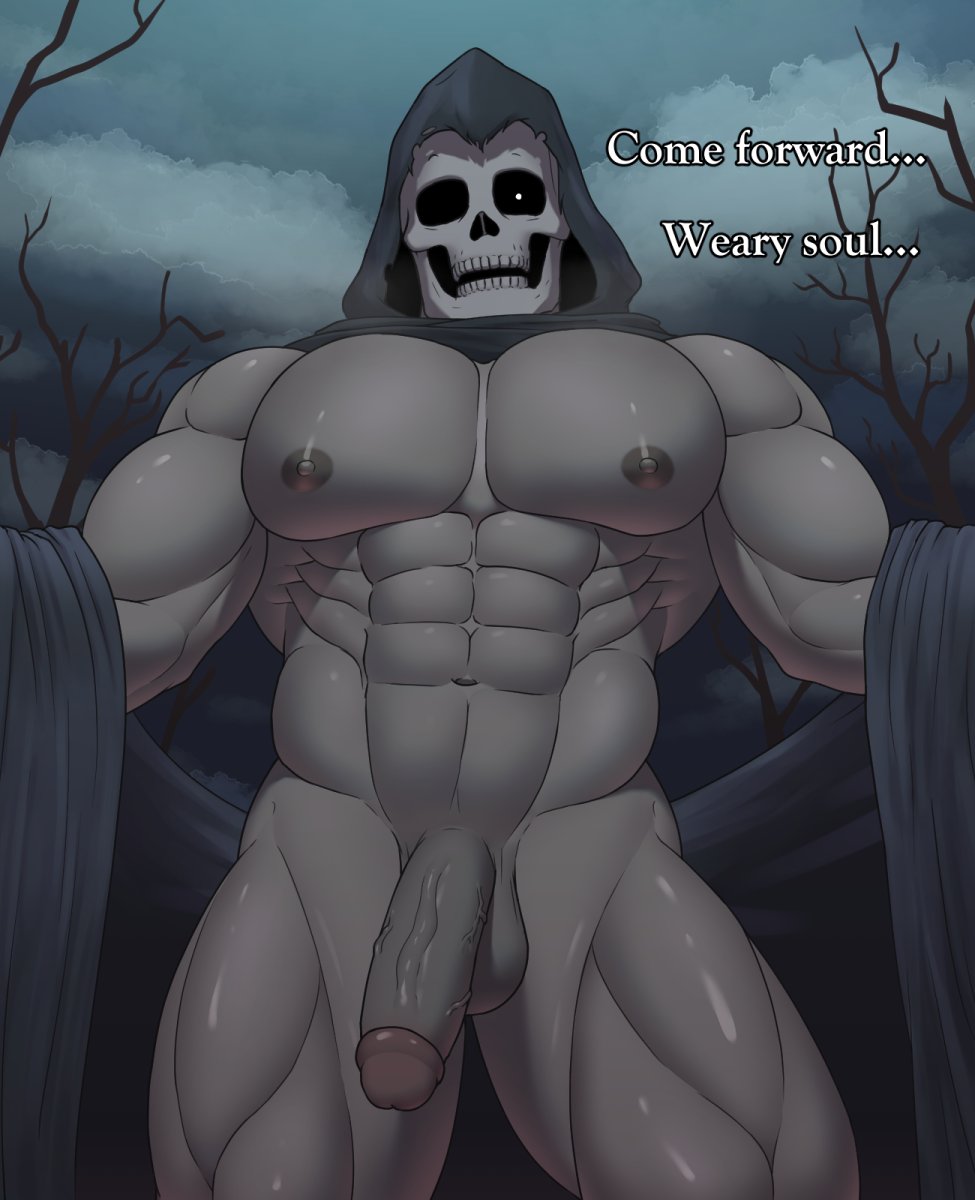 abs balls bone clothing death_(personification) dialogue erection genitals grim_reaper hi_res large_pecs looking_at_viewer male muscular muscular_male nude penis skull skull_head solo ttbrizzy undressing vein veiny_penis