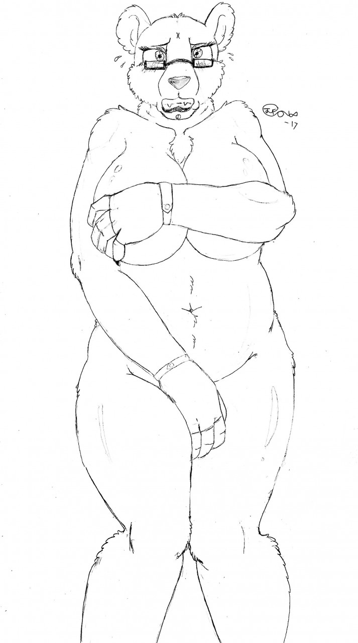 2017 anthro big_breasts blush blush_lines bracelet breasts chin_piercing clenched_teeth covering covering_breasts covering_crotch covering_self embarrassed embarrassed_nude_anthro eyewear fangs female front_view fur glasses hi_res jewelry jimfoxx looking_at_viewer mammal navel nude nude_female polar_bear signature solo sonia_jenkins standing teeth ursid ursine white_body white_fur