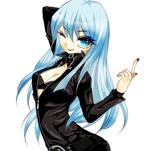 1girl blue_eyes blue_hair bodysuit breasts center_opening cleavage closed_mouth collar devil_summoner lipstick long_hair looking_at_viewer makeup nail_polish nemissa one_eye_closed pinkchariot simple_background smile solo soul_hackers white_background