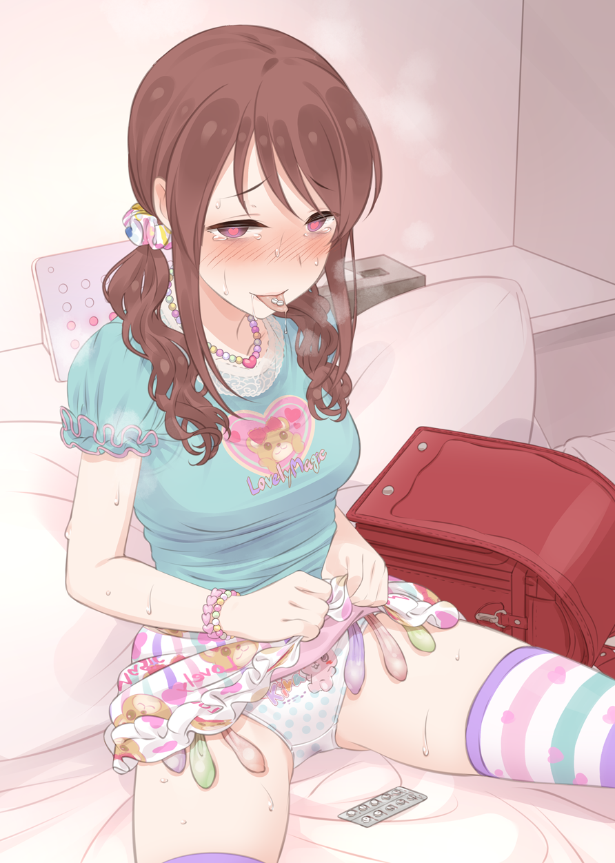 1girl blue_shirt blush breasts brown_hair clothes_lift condom condom_belt drugged drugs heart heart-shaped_pupils highres idolmaster idolmaster_cinderella_girls lifted_by_self looking_at_viewer mifune_miyu neku_oneneko panties pill pill_on_tongue puffy_short_sleeves puffy_sleeves shirt short_sleeves sitting skirt skirt_lift solo striped striped_thighhighs sweat symbol-shaped_pupils tearing_up thighhighs tongue tongue_out underwear used_condom