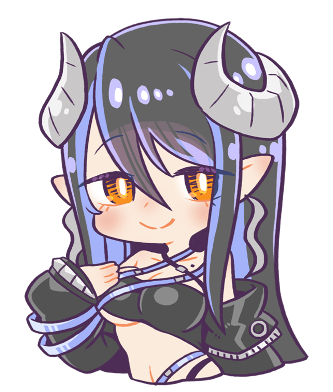 1girl 774_inc. bangs black_hair black_jacket black_tube_top blue_eyes blush breasts bright_pupils brown_eyes chaki_(teasets) chibi cleavage closed_mouth commentary_request curled_horns demon_horns grey_horns hair_between_eyes hand_on_own_chest hebiyoi_tier horns jacket long_hair looking_at_viewer medium_breasts off_shoulder simple_background smile solo strapless sugar_lyric transparent_background tube_top upper_body white_pupils
