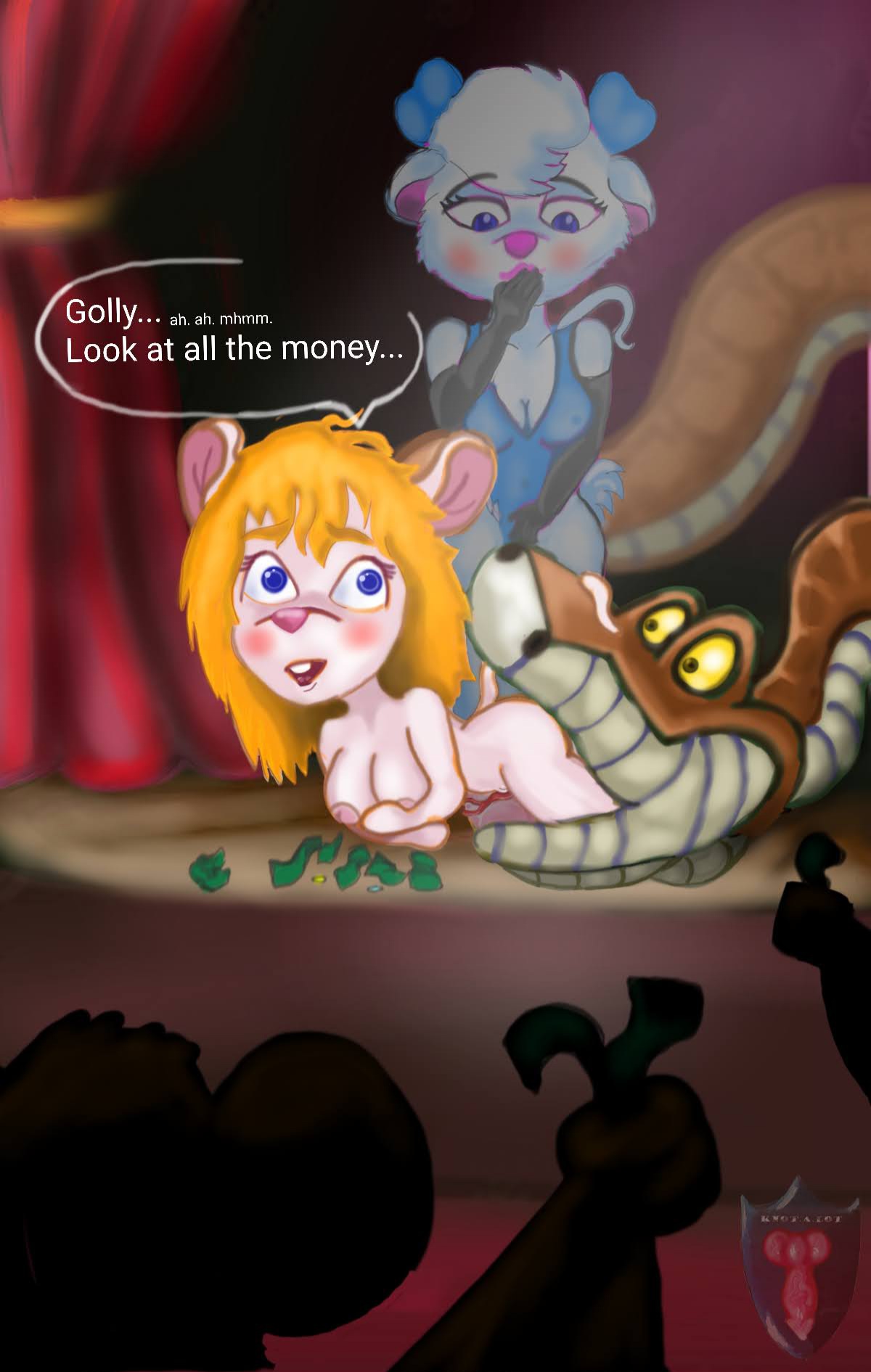 anthro chip_'n_dale_rescue_rangers disney female feral gadget_hackwrench group hi_res kaa kaa_(jungle_book) knotalot male male/female miss_kitty_mouse money reptile scalie snake spotlight stage text the_great_mouse_detective the_jungle_book vore willing_prey
