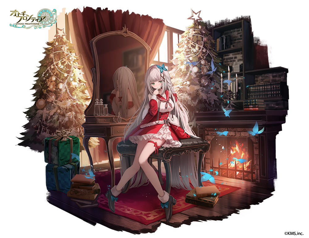 1girl black_neckerchief blue_butterfly blue_eyes blush book box breasts bug butterfly character_request christmas christmas_tree dress fireplace full_body gift gift_box grey_hair hair_ornament hand_on_own_chin hand_up indoors long_hair looking_at_viewer medium_breasts mirror neckerchief official_art otogi_frontier red_dress sitting solo stool takashima_shoa watermark window