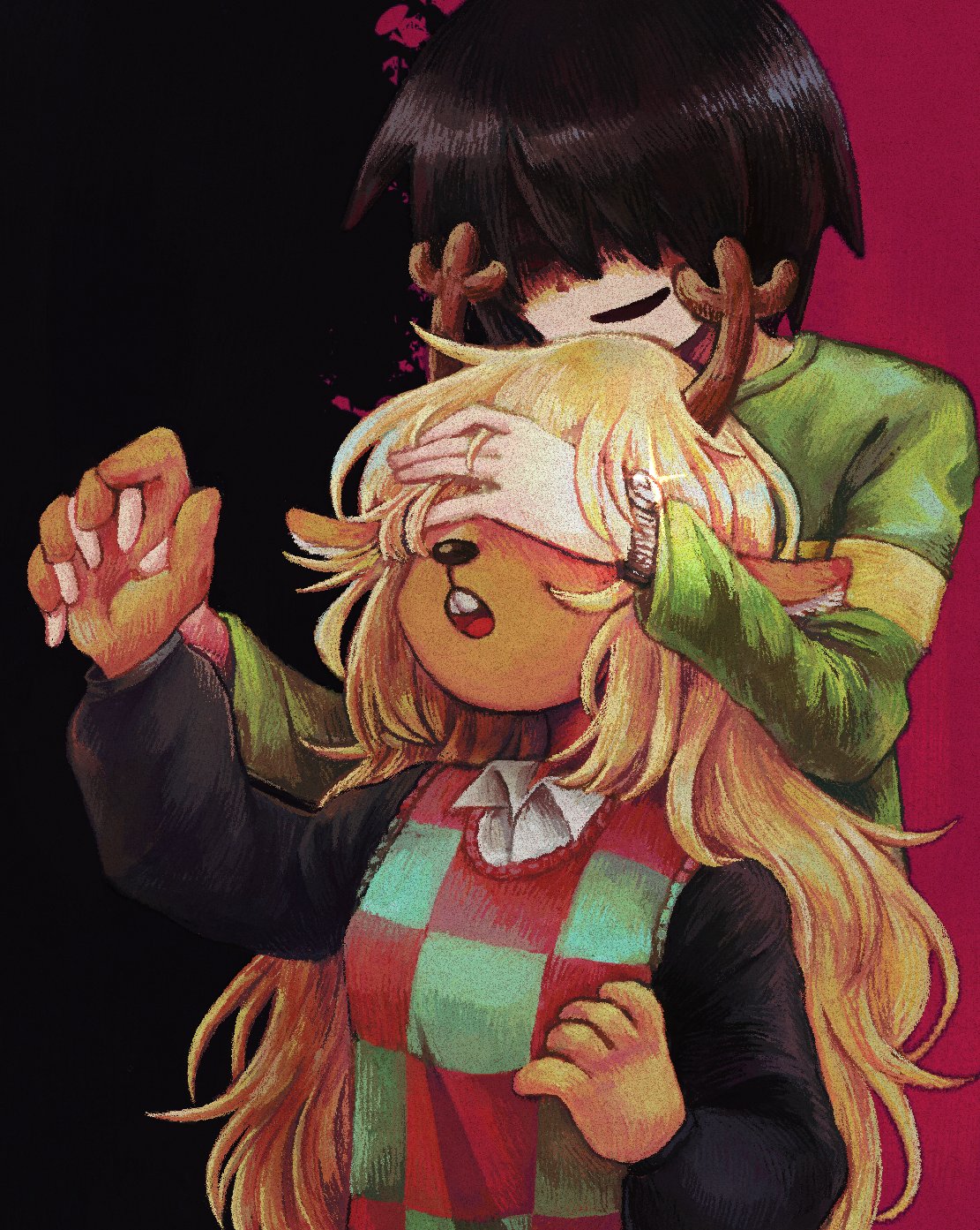 5_fingers anthro antlers black_hair blonde_hair breasts buckteeth capreoline cervid checkered_clothing checkered_topwear clock clothing collared_shirt covering covering_eyes covering_face deltarune detailed doe_with_antlers dominant dominant_male duo female fingers hair hair_over_eyes hands_together hi_res hidden_eyes horn human kris_(deltarune) lakuta long_hair male male/female male_dominating_female mammal manipulation noelle_holiday open_mouth pattern_clothing pattern_shirt pattern_topwear possessive reindeer shirt short_hair small_breasts smile snowgrave striped_clothing striped_shirt striped_topwear stripes stylized_background submissive submissive_female surprised_expression sweater sweater_vest teenager teeth topwear undertale_(series) vest video_games watch wristwatch young