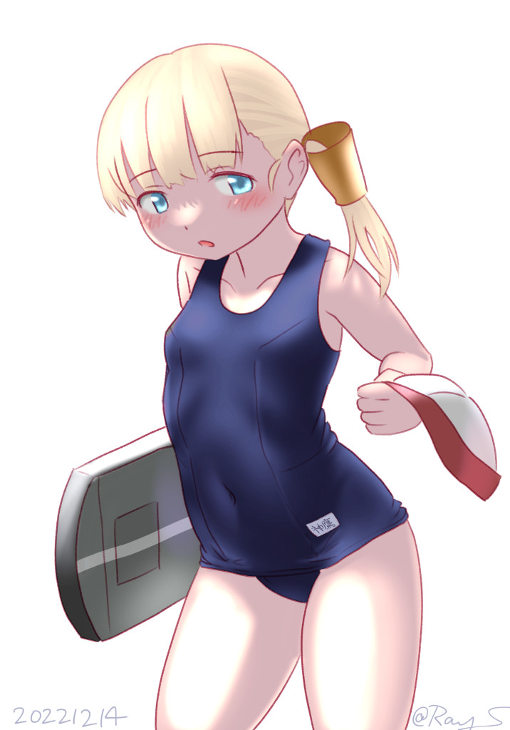1girl alternate_costume blonde_hair blue_eyes dated hair_ornament kantai_collection kickboard long_hair one-piece_swimsuit open_mouth ray.s school_swimsuit shin'you_(kancolle) side_ponytail solo swim_cap swim_cap_removed swimsuit twitter_username