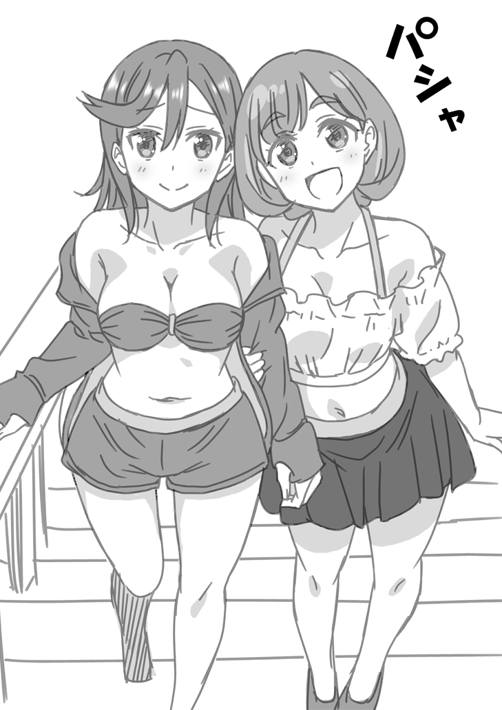 2girls bare_shoulders bikini bikini_shorts bikini_skirt blush breasts check_commentary closed_mouth collarbone commentary commentary_request greyscale hand_on_railing heads_together holding_another's_arm jacket looking_at_viewer love_live! love_live!_superstar!! marugoshi_teppei medium_breasts medium_hair monochrome multiple_girls navel open_clothes open_jacket open_mouth shibuya_kanon shiny shiny_hair short_hair shorts smile sound_effects strapless strapless_bikini swimsuit taking_picture tang_keke white_background