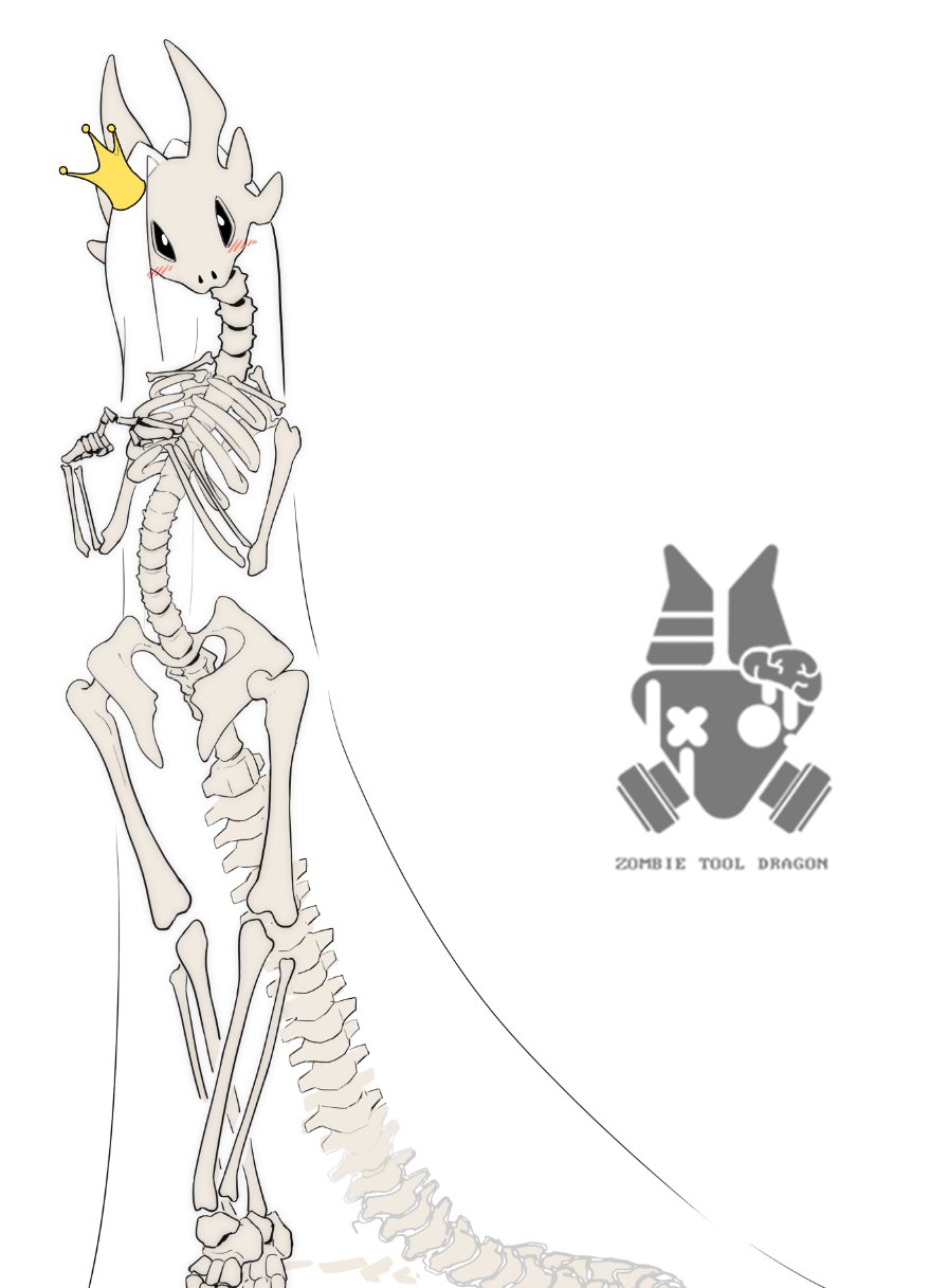 2022 animated_skeleton anthro blush bone chaichai clothing crown dragon female full-length_portrait hair headgear headgear_only headwear headwear_only hi_res long_hair looking_at_viewer mostly_nude pelvis portrait rib_cage simple_background skeleton skull solo spine undead white_background white_hair