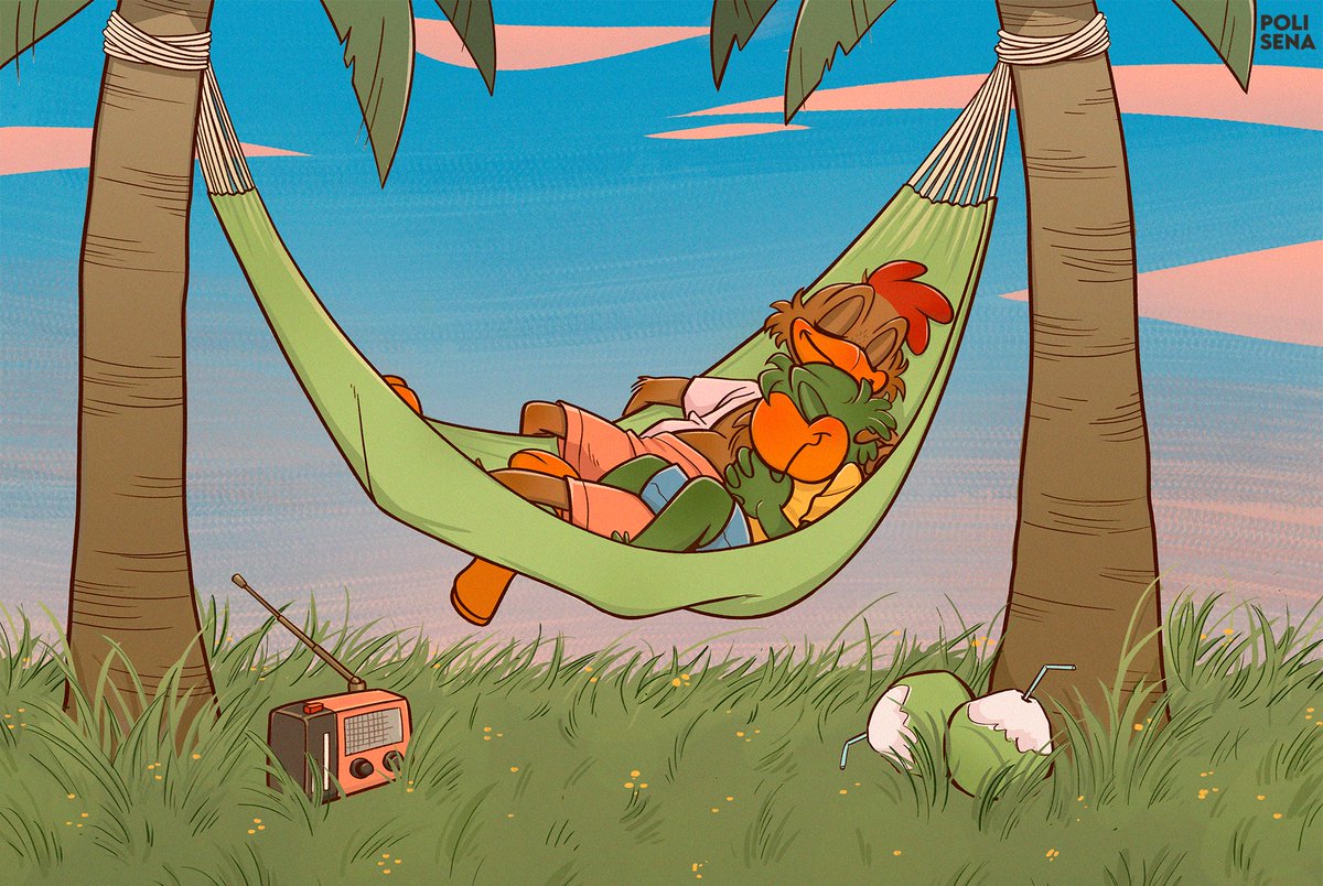 anthro avian beak beverage bird blue_bottomwear blue_clothing blue_shorts bottomwear chicken clothed clothing cloud coconut coconut_drink coconut_tree cuddling disney drupe_(fruit) duo feathers food fruit fruit_tree galliform gallus_(genus) grass grass_field green_body green_feathers hammock jos&eacute;_carioca love lying male male/male orange_bottomwear orange_clothing orange_shorts palm_tree panchito_pistoles parrot phasianid plant polisena radio red_body red_feathers romantic romantic_couple shirt shorts sky sleeping topwear tree white_clothing white_shirt white_topwear yellow_clothing yellow_shirt yellow_topwear