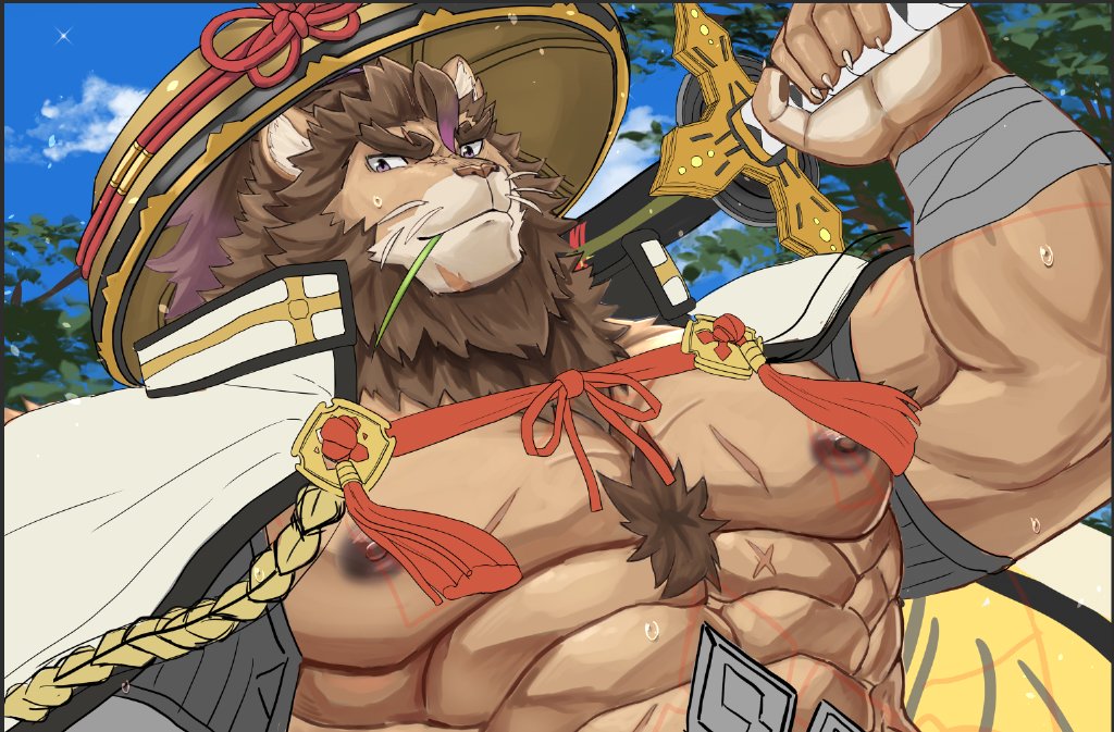 abs anthro armor bodily_fluids body_hair brown_body brown_fur cape chest_hair clothing felid fur hat headgear headwear lifewonders lion live-a-hero male mammal miazuma_shouki muscular muscular_anthro muscular_male nipples pantherine pecs samurai solo straw_hat sweat toshu unconvincing_armor video_games warrior