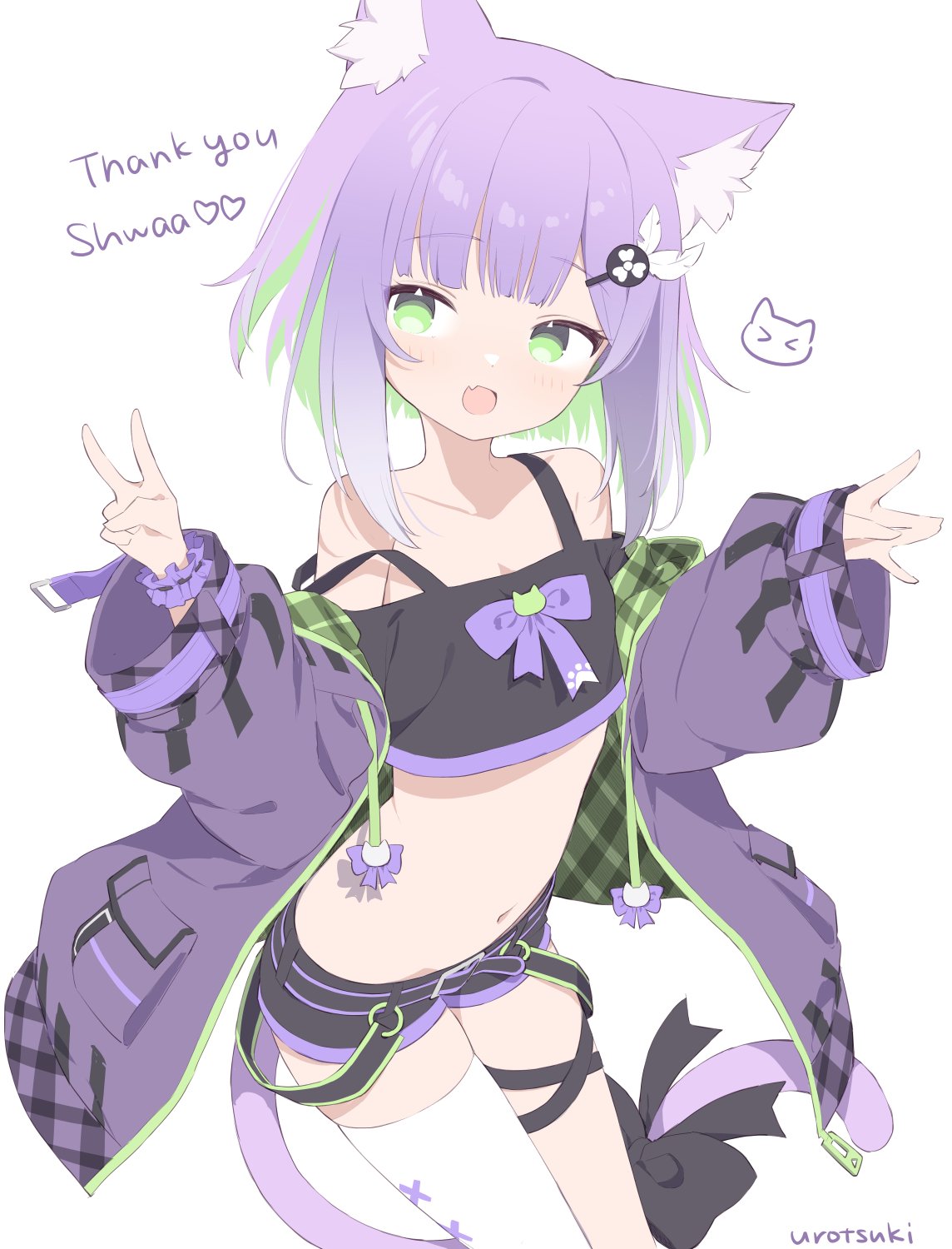 1girl :d animal_ear_fluff animal_ears artist_name bangs bare_shoulders blunt_bangs bow cat_ears cat_tail collarbone colored_inner_hair commentary_request commission cowboy_shot crop_top english_text fang green_eyes green_hair highres indie_virtual_youtuber jacket looking_away midriff multicolored_hair navel open_clothes open_jacket open_mouth purple_hair short_hair short_shorts shorts shwaa simple_background single_thighhigh skeb_commission skin_fang smile strap_slip tail tail_bow tail_ornament thank_you thighhighs two-tone_hair urotsuki_(2013.04) v virtual_youtuber watermark white_background white_thighhighs wrist_cuffs