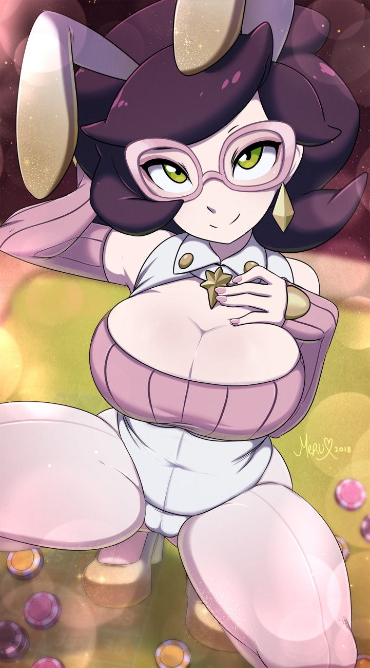 1girl animal_ears arm_up artist_name bangs black_hair breasts cameltoe cleavage colored_skin covered_navel earrings glasses green_eyes grey-framed_eyewear hand_up highres jewelry large_breasts leotard medium_hair merunyaa pink_nails pokemon pokemon_(game) pokemon_sm poker_chip rabbit_ears shiny shiny_hair shoes signature sleeves_past_wrists smile solo squatting white_leotard white_skin wicke_(pokemon)