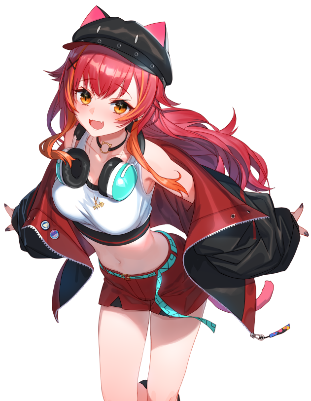 1girl animal_ear_headwear bangs belt black_headwear black_jacket black_nails blush breasts choker crop_top fang gradient_hair hat headphones headphones_around_neck izumi_sai jacket long_hair looking_at_viewer midriff multicolored_hair navel nekota_tsuna o-ring o-ring_choker off_shoulder open_mouth orange_eyes outstretched_arms red_eyes red_shorts short_shorts shorts simple_background skin_fang slit_pupils small_breasts smile solo spread_arms tank_top virtual_youtuber vspo! white_background