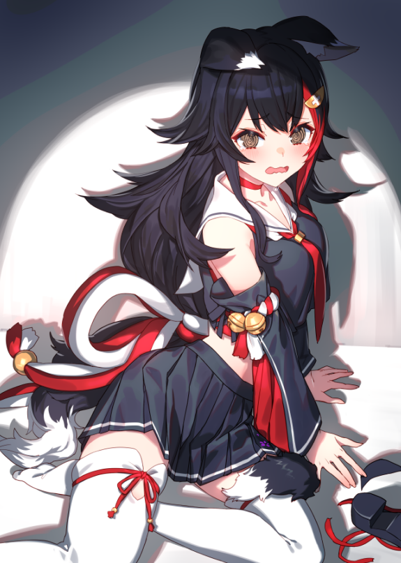 1girl animal_ear_fluff animal_ears arm_support bangs bell black_eyes black_hair black_shirt breasts choker crop_top detached_sleeves ears_down hair_ornament hairclip hololive izumi_sai jingle_bell long_hair looking_at_viewer medium_breasts midriff multicolored_hair necktie no_shoes okobo ookami_mio open_mouth raised_eyebrows red_necktie ringed_eyes sailor_collar sandals sandals_removed shadow shirt sitting sleeveless sleeveless_shirt solo streaked_hair tail thighhighs virtual_youtuber wavy_mouth white_thighhighs wolf_ears wolf_girl wolf_tail yokozuwari zettai_ryouiki