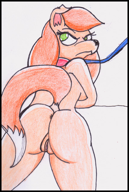 anthro bound butt canid canine canis collie dog_city domestic_dog female frown genitals green_eyes hair herding_dog leash looking_back mammal nude pastoral_dog pussy red_hair reddragonkan rosie_o'gravy scowl sheepdog solo traditional_media_(artwork)