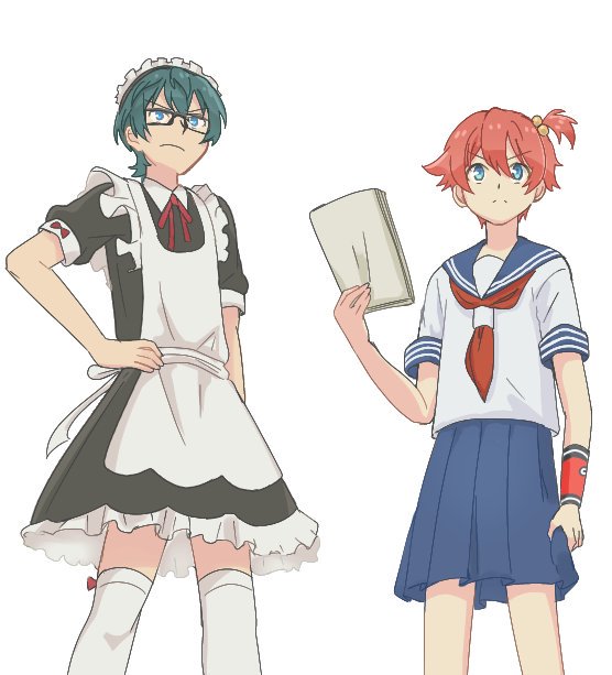 2boys bangs blue_eyes blue_sailor_collar blue_skirt female green_hair hibiki_yuuta maid male male_focus megane multiple_boys neckerchief p_oteeeo pleated_skirt red_hair sailor_collar school_uniform serafuku short_hair skirt ssss.gridman utsumi_shou